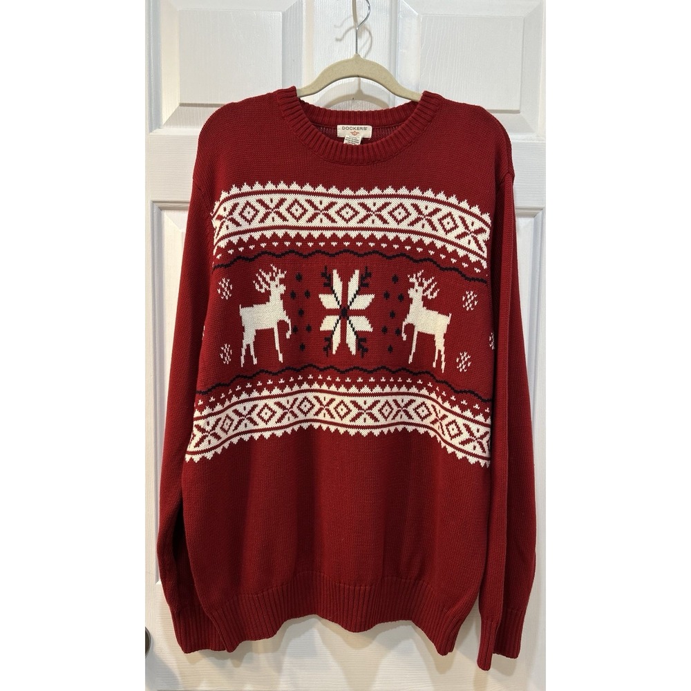 Dockers Cotton Knit Red Fair Isle Sweater XL Reindeer Snowflake Holiday Sweater